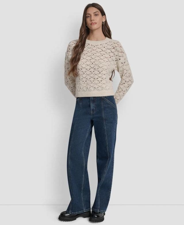 DKNY Jeans Petite Pointelle Crewneck Kazak - Beyaz XS