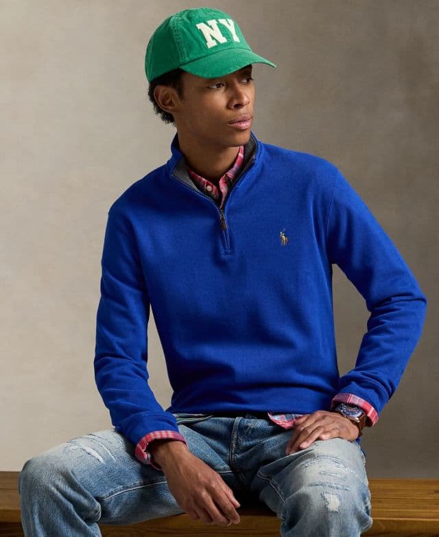 Polo Ralph Lauren Erkek Estate-Rib Cotton Yarım Fermuarlı Kazak - Sapphire Star/Barclay Heather Int S