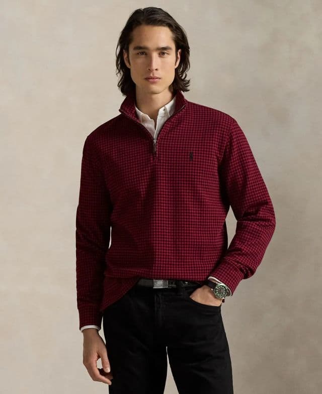 Polo Ralph Lauren Erkek Estate-Rib Cotton Yarım Fermuarlı Kazak - Micro Holiday Check- Red S