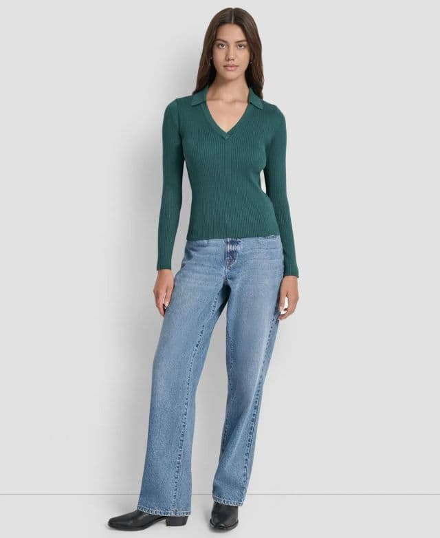 DKNY Jeans Minyon Ribbed Johnny Yakalı Üst - Cool Pine XS
