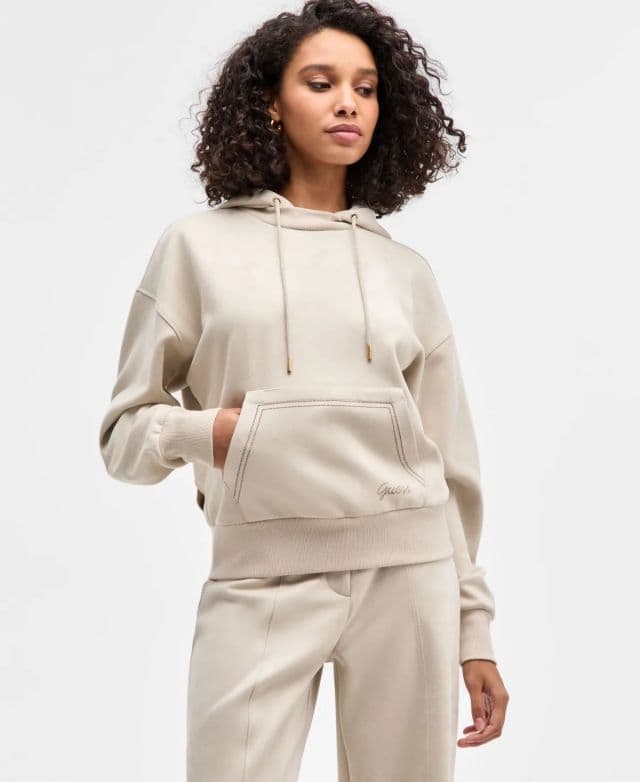 GUESS - Kadın Kapşonlu Scuba Uzun Kol Suni Süet Sweatshirt - Lovers Beach S