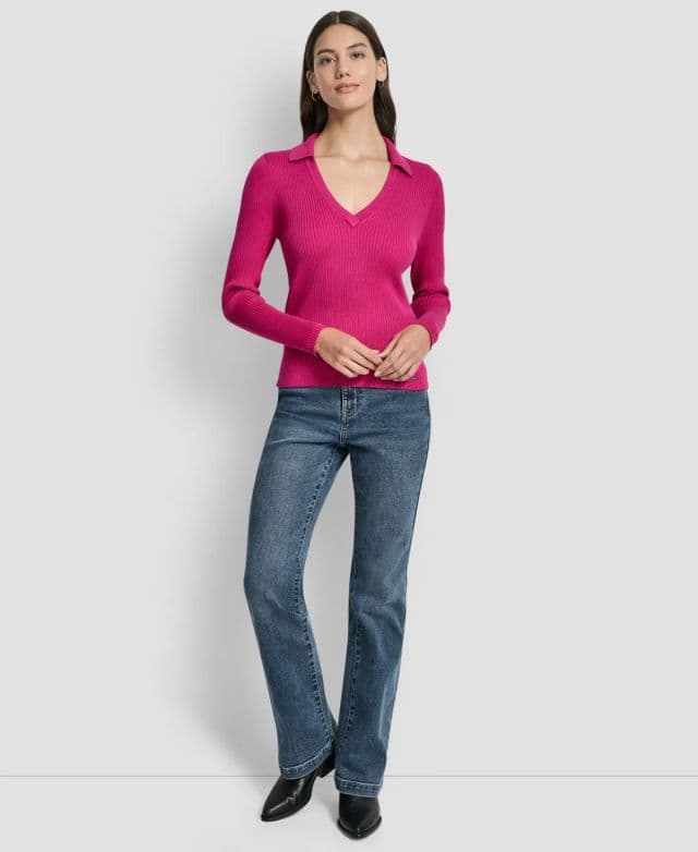 DKNY Jeans Minyon Ribbed Johnny Yakalı Üst - Festive Pink 2XS