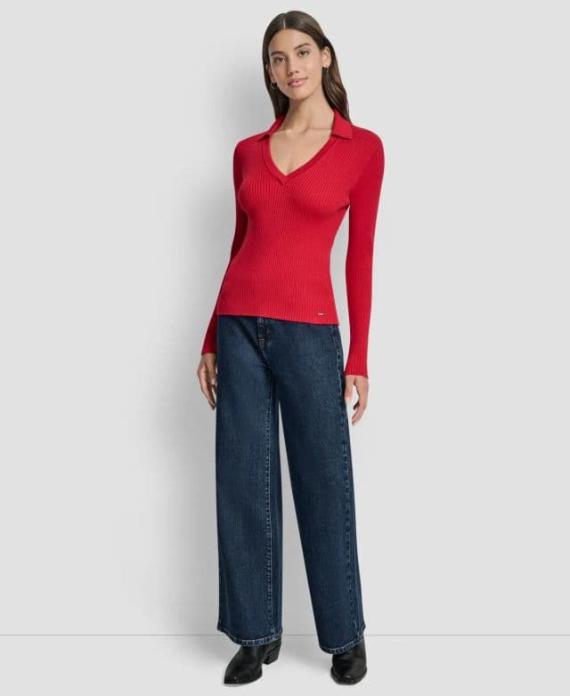 DKNY Jeans Minyon Ribbed Johnny Yakalı Üst - City Crimson 2XS