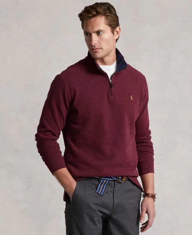 Polo Ralph Lauren Erkek Estate-Rib Cotton Yarım Fermuarlı Kazak - Spring Wine Heather S