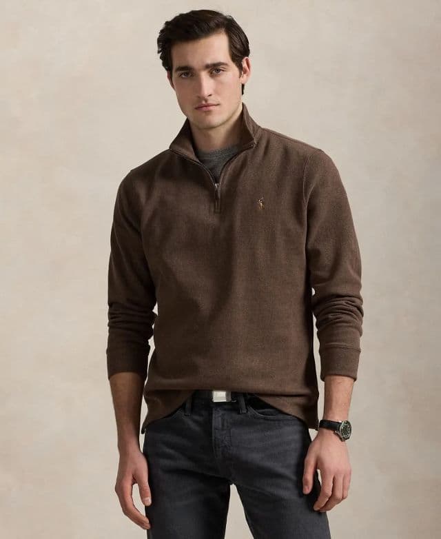 Polo Ralph Lauren Erkek Estate-Rib Cotton Yarım Fermuarlı Kazak - Nutmeg Brown Heather S