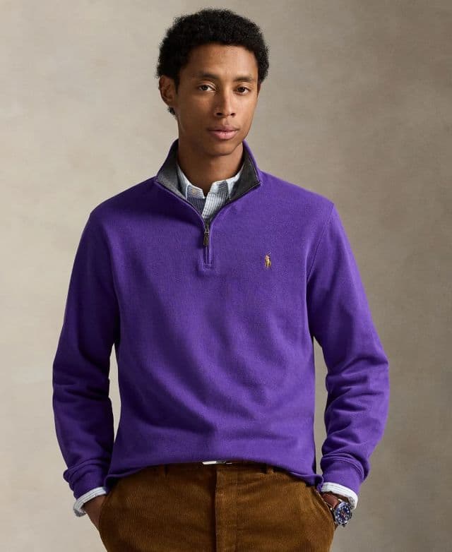 Polo Ralph Lauren Erkek Estate-Rib Cotton Yarım Fermuarlı Kazak - Cabana Purple/Barlcay Heather Int S