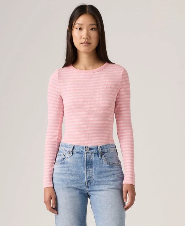 Levi's Kadın Hayes Clara Şerit Uzun Kollu Üst - Kayleen Stripe Coral Blush XL