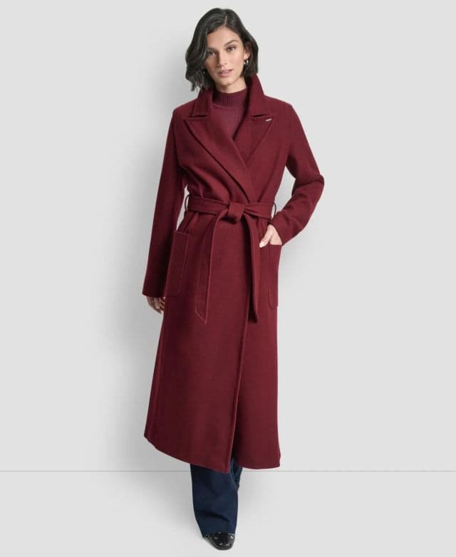 DKNY Kadın Çentik Yaka Kemerli Sarma Kaban - Bordo XS