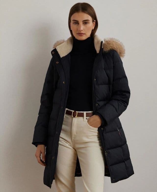 Lauren Ralph Lauren Kadın Suni Kürk Kapüşonlu Şişme Mont - Lacivert 2XS