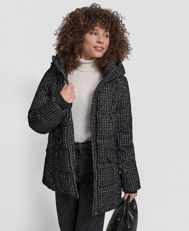 DKNY Kadın Kemerli Kapüşonlu Şişme Mont - Herringbon L