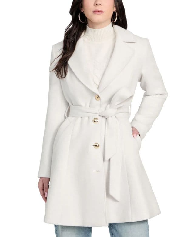 GUESS Kadın Kemerli Suni Kürk Yakalı Önü Düğmeli Mont - Cream White XL