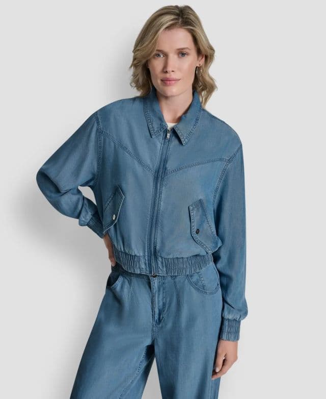 DKNY Kadın Chambray Fermuarlı Önü Bomber Ceket - Stream XS