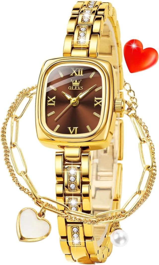OLEVS Kadın Elmas Kare Zarif Gold Kadın Kol Saati 3695GZ - Kahverengi