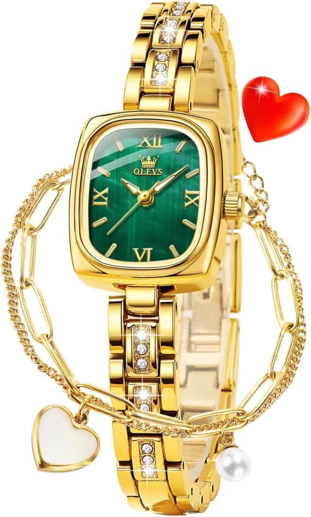 OLEVS Kadın Elmas Kare Zarif Gold Kadın Kol Saati 3695GZ - Yeşil