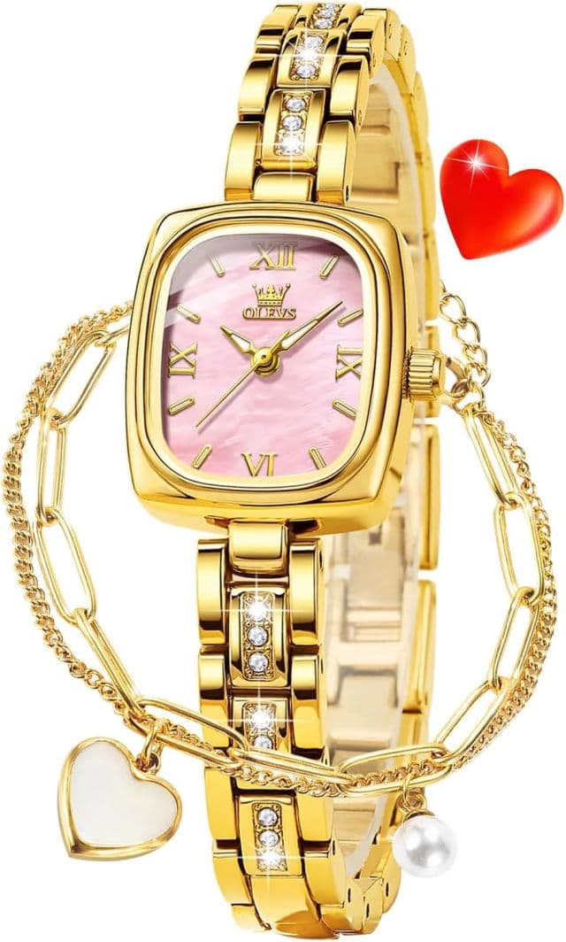 OLEVS Kadın Elmas Kare Zarif Gold Kadın Kol Saati 3695GZ - Pembe