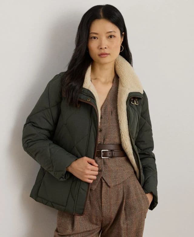 Lauren Ralph Lauren Kadın Suni Kürk Yaka Elmas Kapitone Mont - Koyu Yeşil XXL