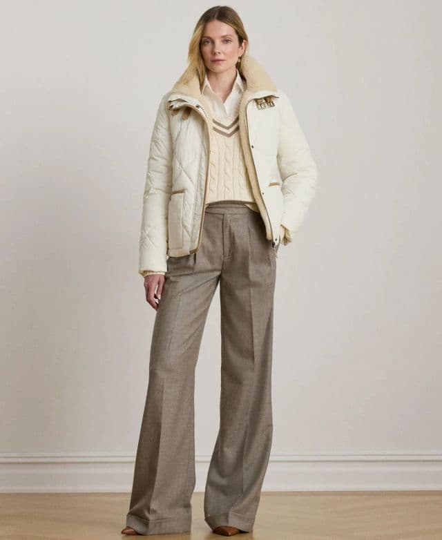 Lauren Ralph Lauren Kadın Suni Kürk Yaka Elmas Kapitone Mont - Krem XXL