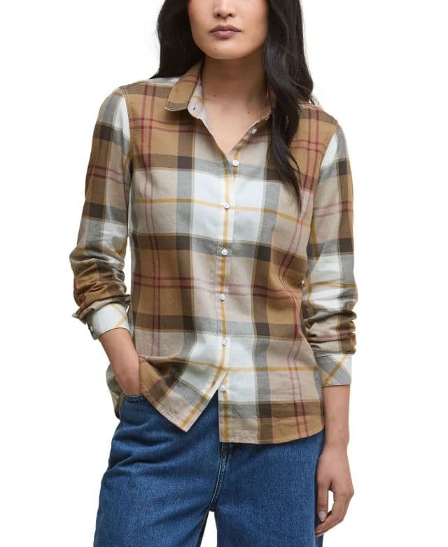 Barbour Kadın Bredon Düğmeli Ön Kareli Gömlek - Bej 36