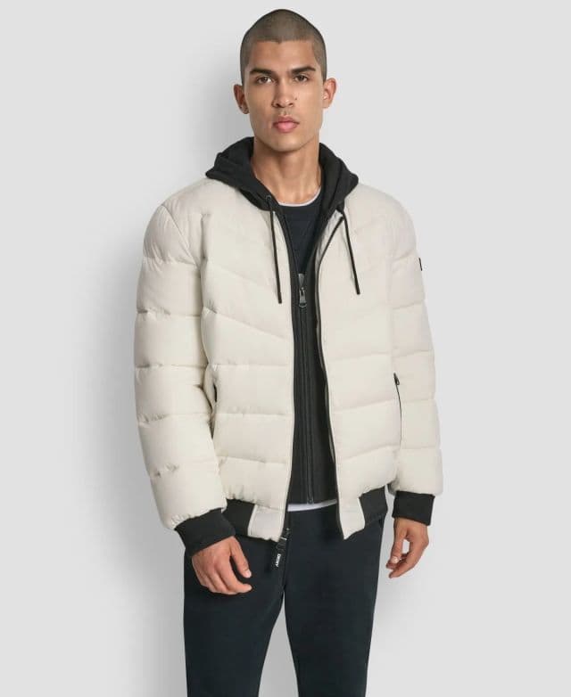 DKNY Erkek Kapüşonlu Kapitone Şişme Bomber Ceket - Krem S