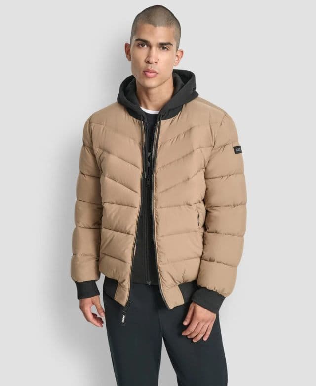 DKNY Erkek Kapüşonlu Kapitone Şişme Bomber Ceket - Tan S